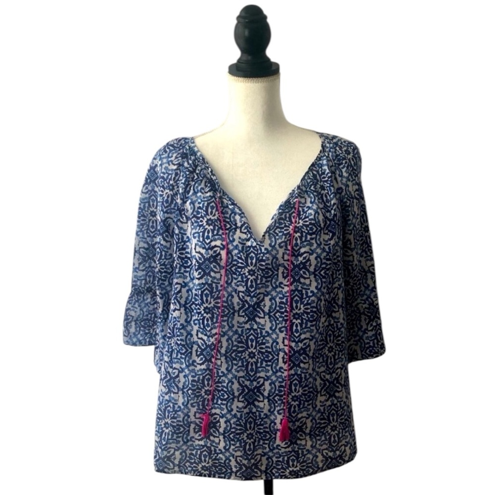 Milly Blue Cotton Boho Peasant Blouse Pink Tassel Tie Neck Elbow Sleeve Top